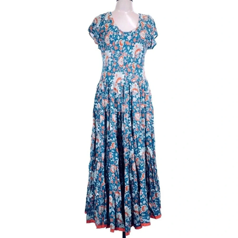 Soft Surroundings Kara Maxi Dress Large TealFloral Boho Tiered Cottagecore  2X - Picture 2 of 9